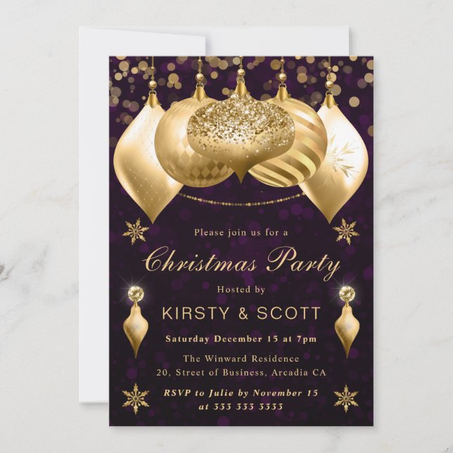 Convites Enfeites de Natal com Brilho Roxo e Dourado para F (Frente)