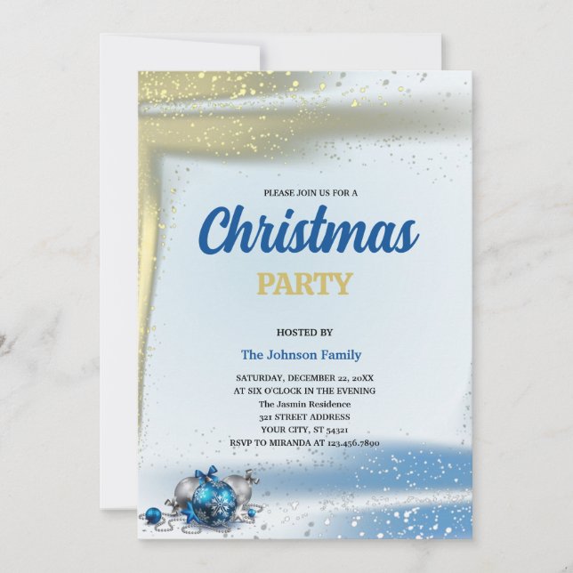 Convites Enfeites de Natal com Glitter dourado e azul PARTI (Frente)