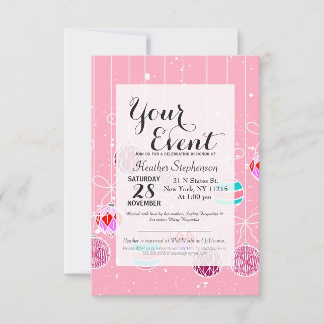 Convites Enfeites de natal de Vidro Rosa e Neve (Frente)