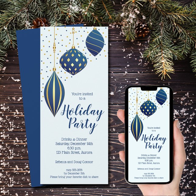 Convites Enfeites de Natal Dourados Azul Natal (Blue and gold Christmas tree ornaments holiday party invitations)