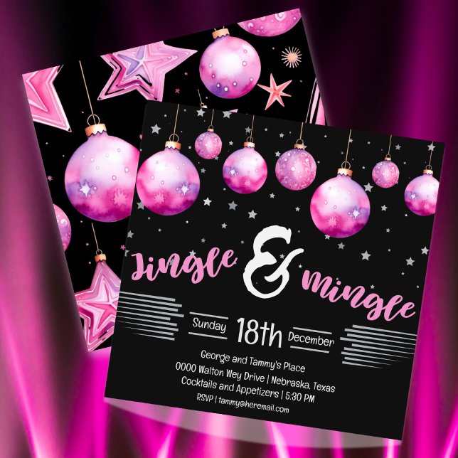 Convites Enfeites de natal Dramáticos Pretos e Rosa Jingle (Hot pink and a lot of drama for your Jingle and Mingle holiday party. Fully customizable )