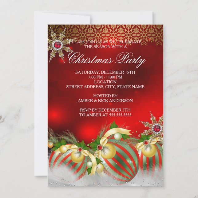 Convites Enfeites de Natal em prata e dourado Vermelho Holl (Frente)