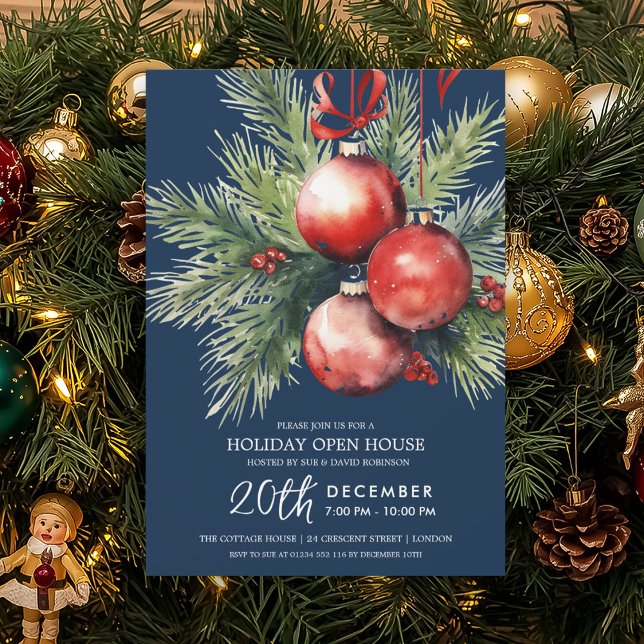 Convites Enfeites de Natal Pintados em Azul Naval Casa Aber (Holiday Open House Painted Baubles Navy Blue Invitation)