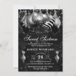Convites Enfeites de Natal Preto e Prata Sweet Sixteen