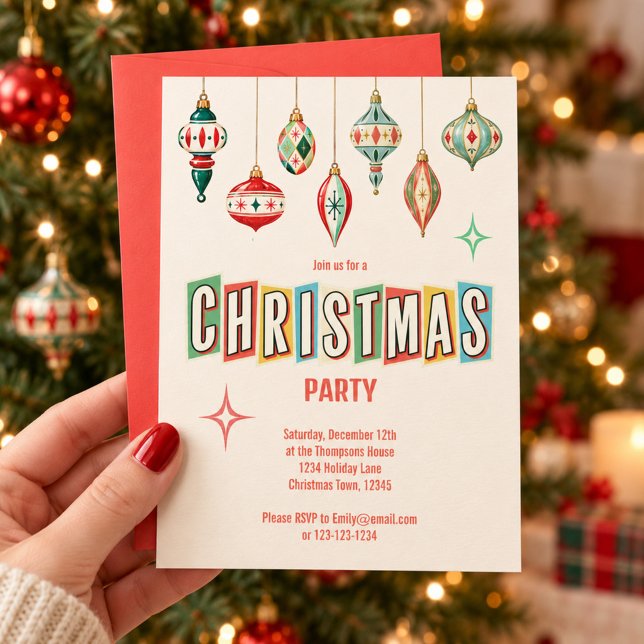 Convites Enfeites de Natal Retro Festa de Natal (Retro Christmas ornaments bring cheerful vintage style to this festive party invitation.
)