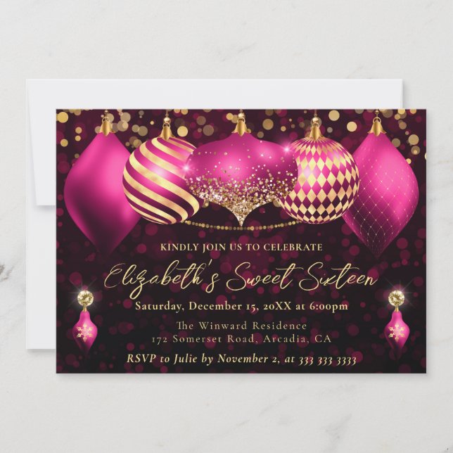 Convites Enfeites de Natal Rosa e Dourado Sweet 16 (Frente)