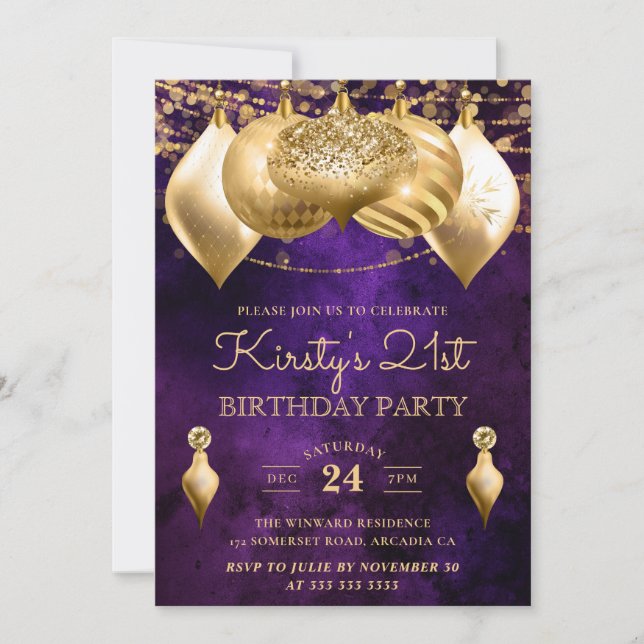 Convites Enfeites de Natal Roxo e Dourado Aniversário de 21 (Frente)
