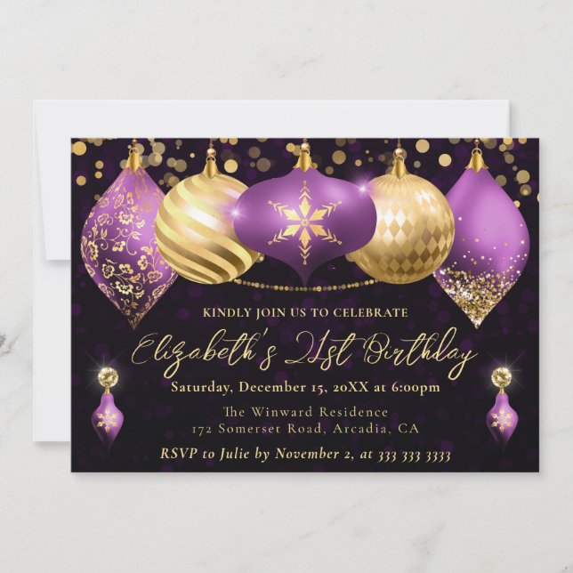 Convites Enfeites de Natal Roxo e Dourado Festa de Aniversá (Frente)