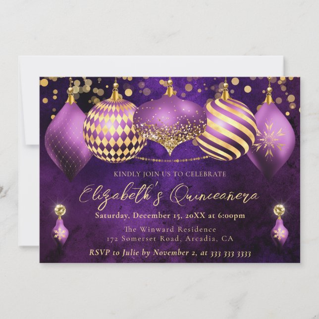 Convites Enfeites de Natal Roxo e Dourado Quinceanera (Frente)