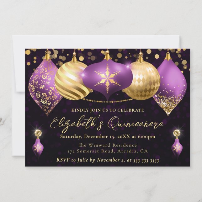 Convites Enfeites de Natal Roxo e Dourado Quinceanera (Frente)