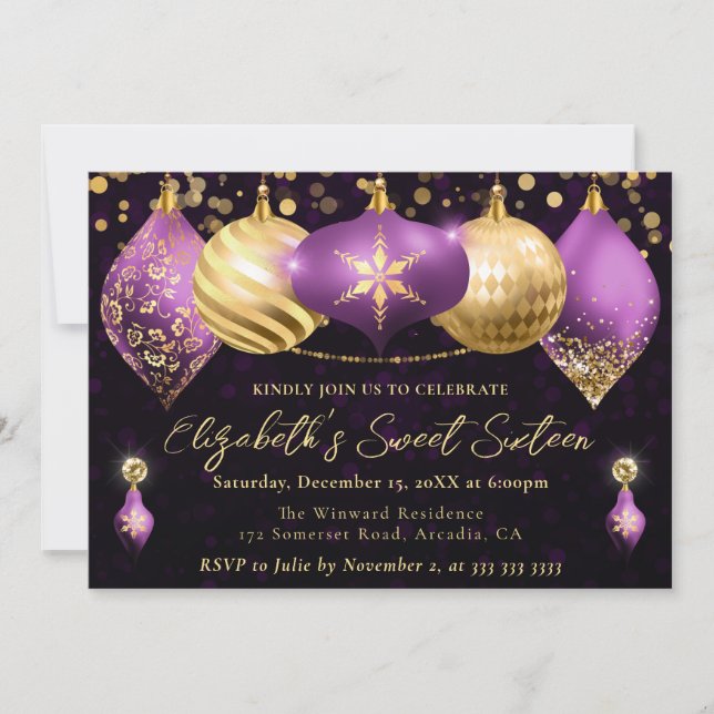 Convites Enfeites de Natal Roxo e Dourado Sweet 16 (Frente)