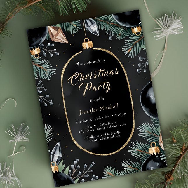 Convites Enfeites de Ouro Preto Festa de Natal Moderna (Black Gold Ornaments Modern Christmas Party Invitation)