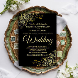 Convites Enfeites Dourados Simples Elegante Casamento Preto