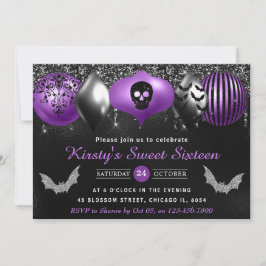 Convites Enfeites Pretos e Roxos de Halloween Sweet Sixteen