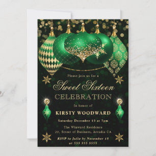 Convites Enfeites Verde e Dourado Brilhantes Sweet Sixteen