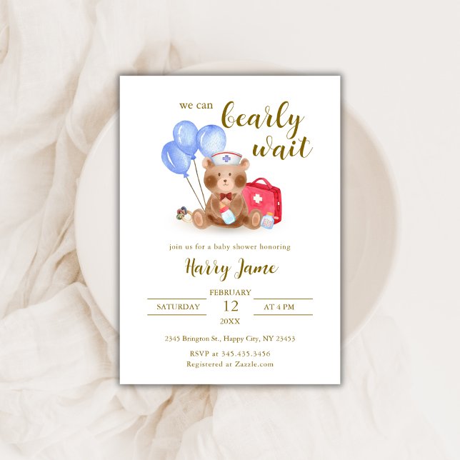 Convites Enfermeira Bonita Doutor Teddy Bear Balão Chá de f (Cute Nurse Doctor Teddy Bear Balloon Baby Shower Invitation)
