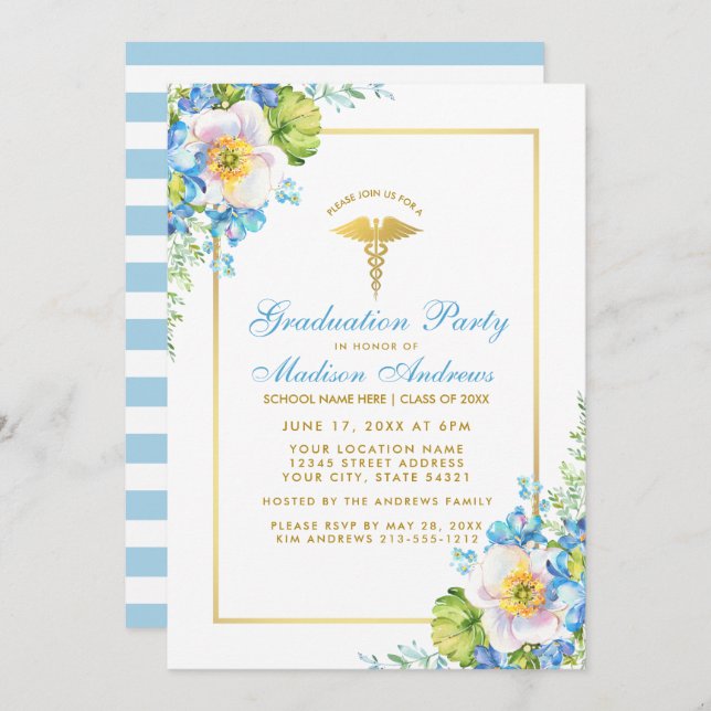 Convites Enfermeira Dourada Blue Floral Party (Frente/Verso)