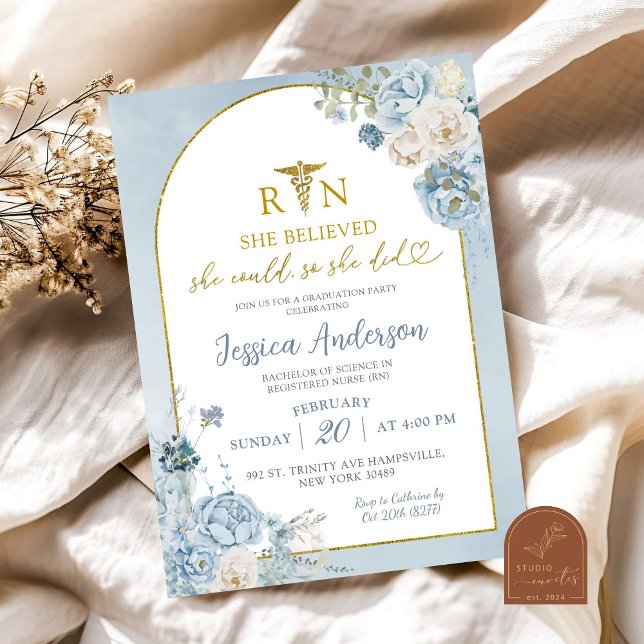 Convites Enfermeira Dusty Blue Floral Graduação (Criador carregado)