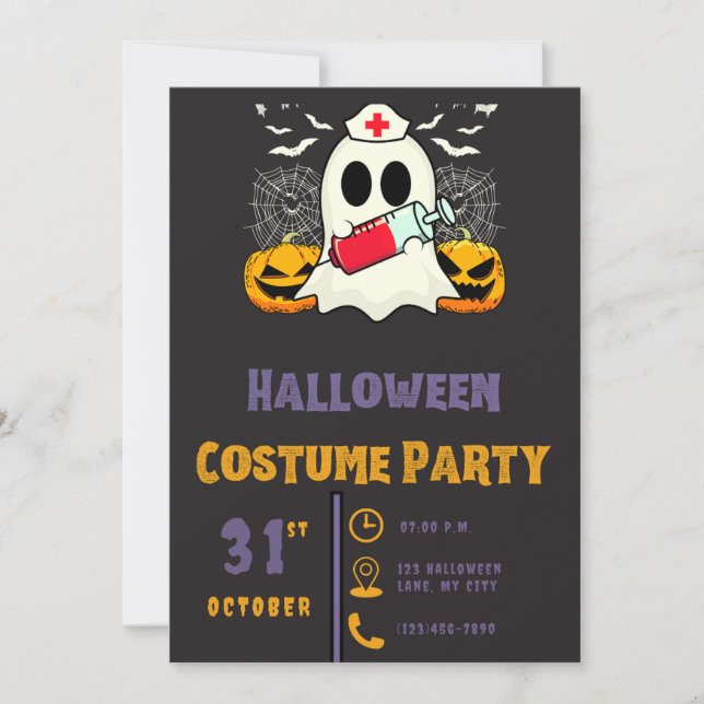 Convites Enfermeira Fantasma com Vilo do Halloween Negro Sa (Frente)