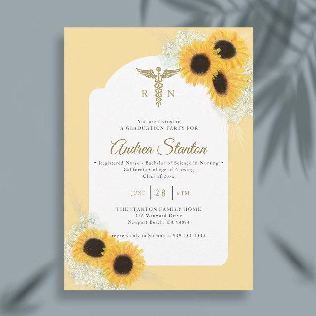 Convites Enfermeiro Ensino Graduação Caduceum Sunflower Fra (nursing school graduation gold caduceum sunflowers frame contemporary minimalist modern classy nurse)