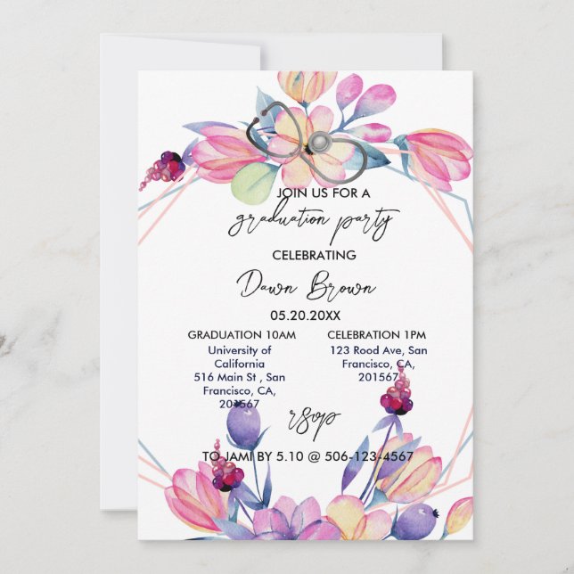 Convites Enfermeiro Festa de formatura Algodão Floral com A (Frente)