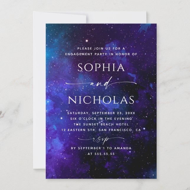 Convites Engagement Party | Elegant Celestial Starry Night (Frente)