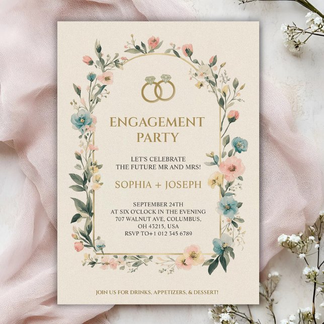 Convites Engagement party Invitation with floral border (Criador carregado)