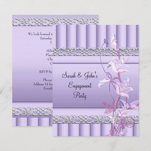 Convites Engajamento Elegante Suave Lindas Flores Lilás (Frente/Verso)