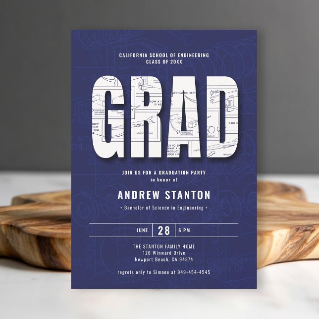 Convites Engenheiro de graduação de engenharia Blue White P (engineering engineer graduation ceremony party invitation navy blue white template minimalist modern)