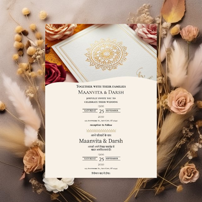 Convites English Hindi Bilingual Wedding Invitation (Criador carregado)