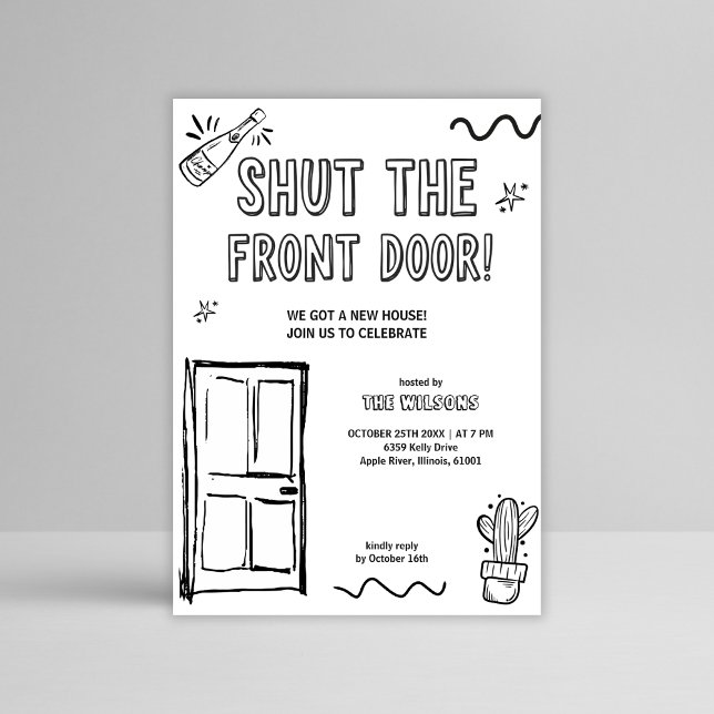 Convites Engraçada Mão Desenhada Nova Festa Doméstica (Funny Hand-Drawn Housewarming Invitation – Shut the Front Door New Home Party Printable)