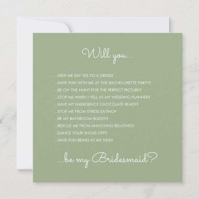 Convites Engraçado Moderno Sage Green Script Bridesmaid Pro (Frente)