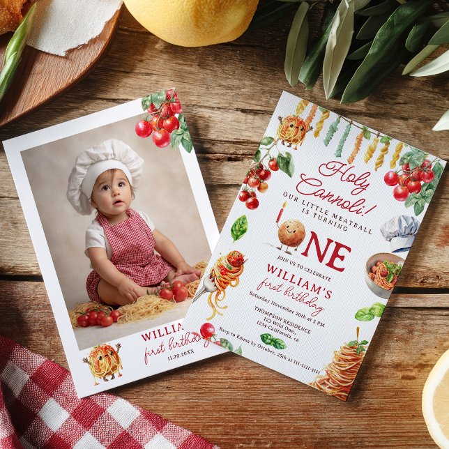 Convites Engraçado primeiro aniversario de meatball Sagrado (Funny Holy Cannoli little meatball 1st birthday Invitation)