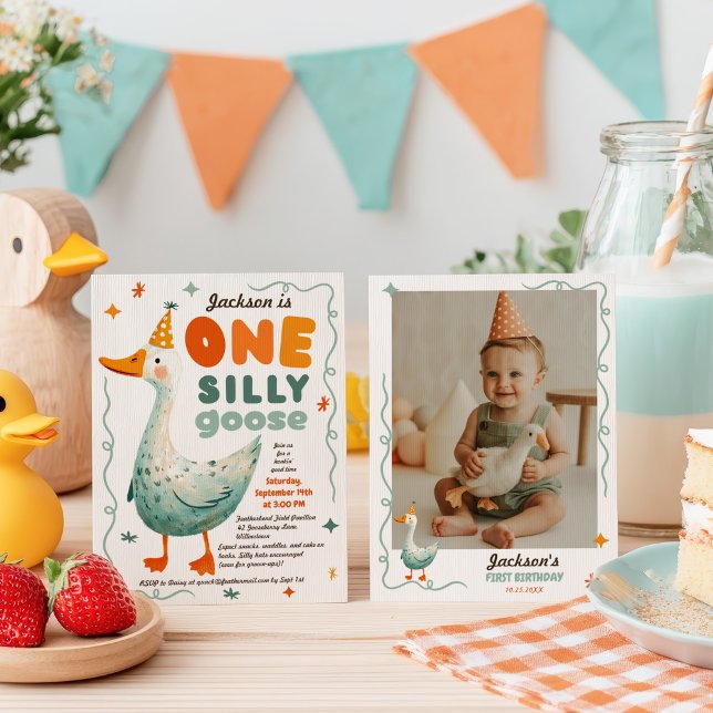 Convites Engraçado Um Bobo Ganhou a primeira foto de aniver (Funny Cute One Silly Goose First Birthday Photo Invitation)