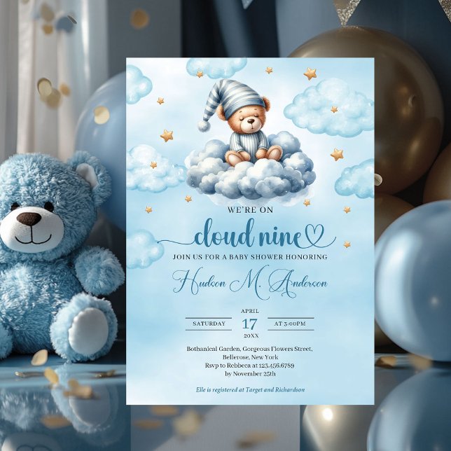 Convites Engraçado ursinho de pelúcia dormindo nuvem nove C (blue and gold we're on cloud nine boy baby shower invitation)