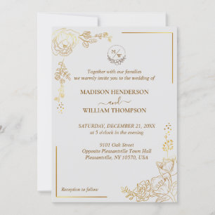 Convites Engraving Golden Floral Wedding
