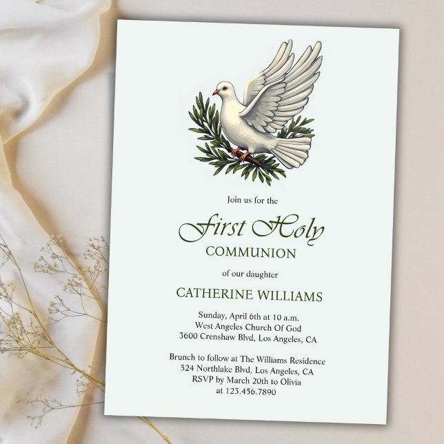 Convites Engrenagem Elegante e Branch de Oliva Primeira Com (Elegant Dove and Olive Branch First Holy Communion Invitation)
