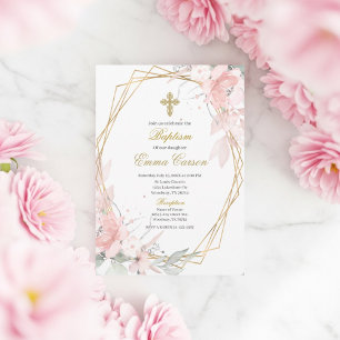 Convites Enquadramento dourado batismo floral rosa desmaiad