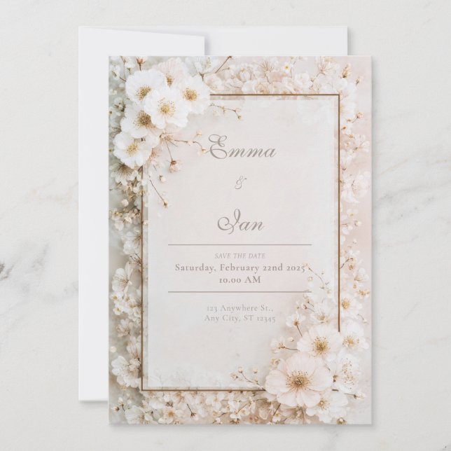 Convites Enquadramento Dourado Flor de Romance Branco Casam (Frente)