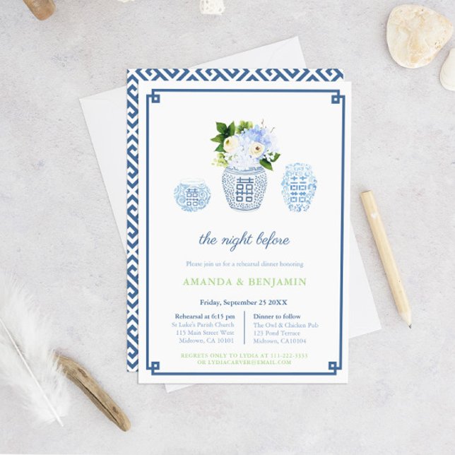 Convites Ensaio de Boas-vindas ao Janto Chinoiserie Chic (Blue And White Floral Chinoiserie Welcome Dinner Invitation)