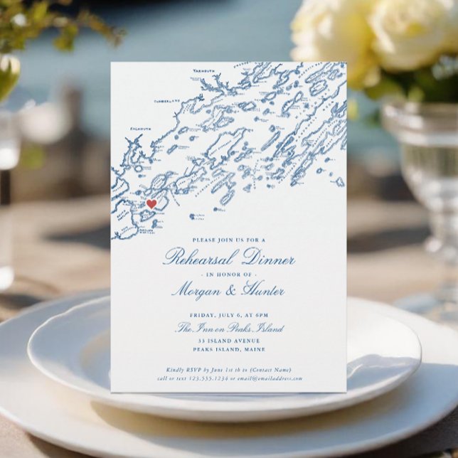 Convites Ensaio de Casamento Azul de Maine Marinho da Ilha  (Peaks Island Maine Wedding Rehearsal Dinner Invitation for an elegant navy blue Casco Bay Wedding)
