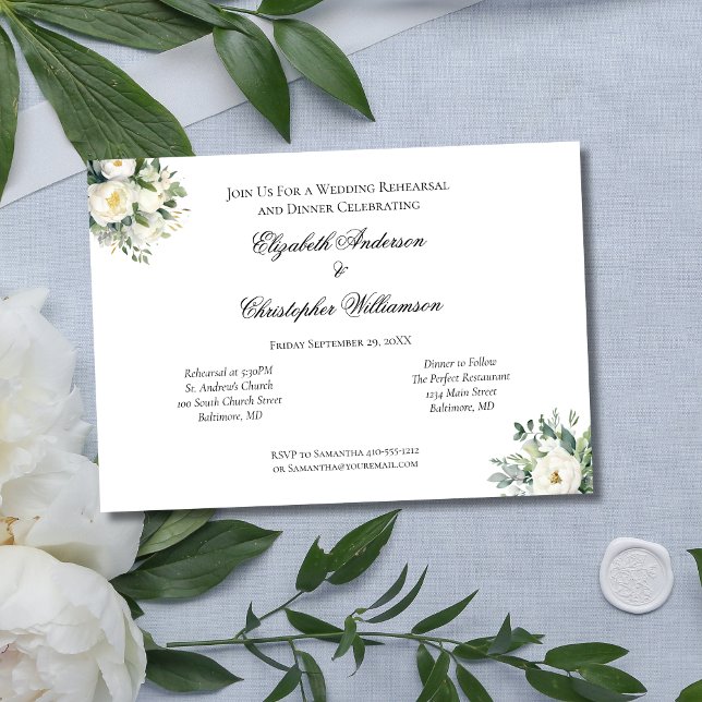 Convites Ensaio de Casamento Botânico de Rosa Branca Eucaly (White Rose Floral Eucalyptus Wedding Rehearsal Dinner Invitation)