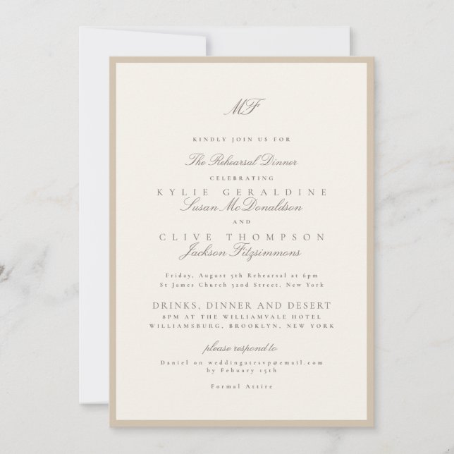 Convites Ensaio de Casamento Clássico Champanhe Bege (Frente)