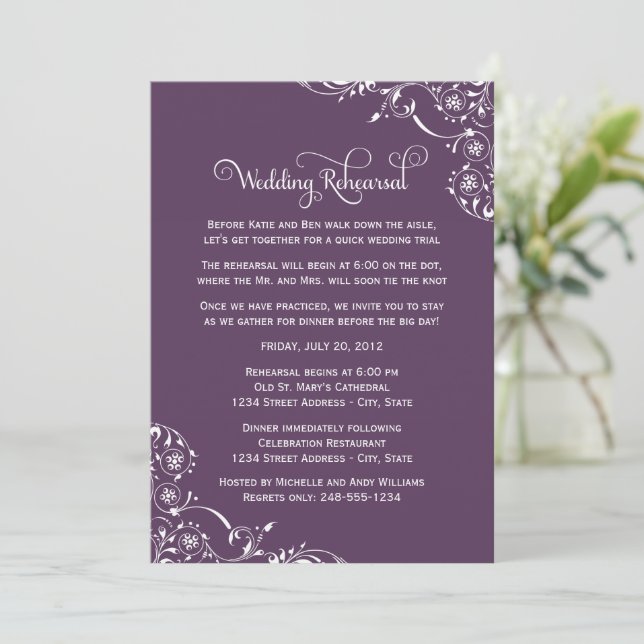 Convites Ensaio de Casamento com Floreio Roxo Empoeirado (Em pé/Frente)