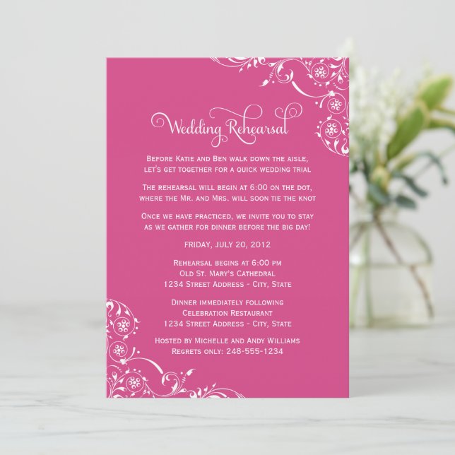 Convites Ensaio de Casamento com Florescimento Rosa Quente (Em pé/Frente)