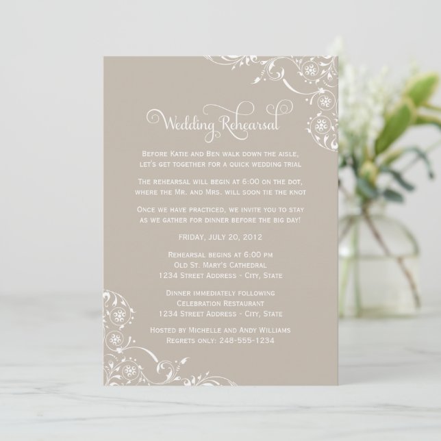 Convites Ensaio de Casamento com Florido Bege (Em pé/Frente)