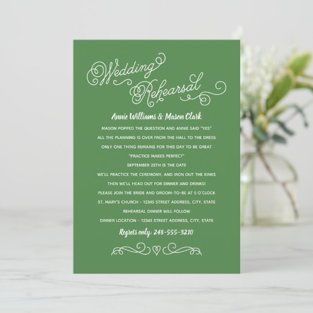 Convites Ensaio de Casamento com Flourish de Coração Verde (Em pé/Frente)