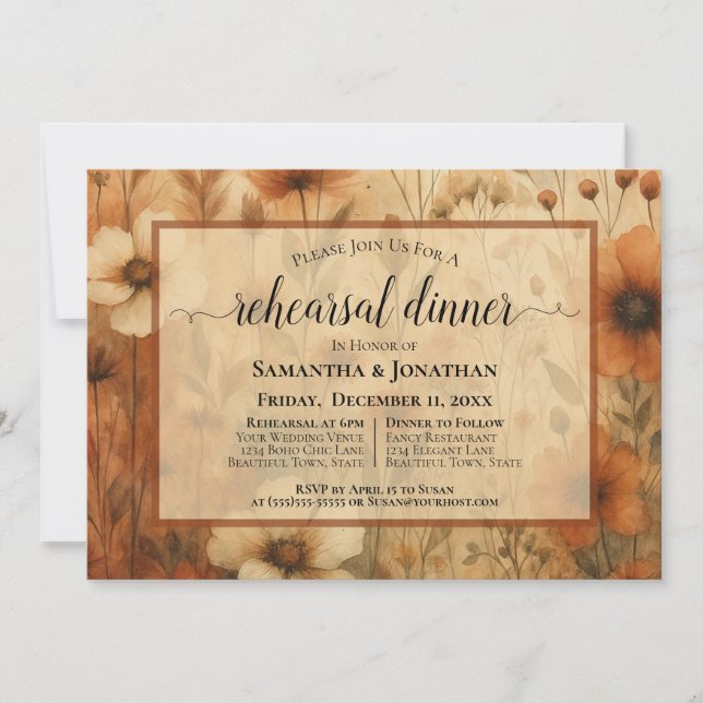 Convites Ensaio de Casamento com Jantar Sienna Boho Flores  (Frente)