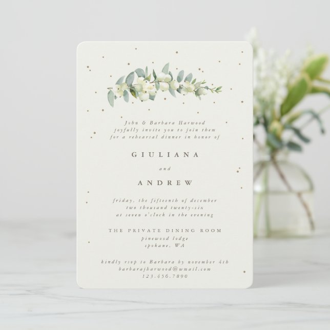 Convites Ensaio de Casamento Creme Snowberry+Eucalipto (Em pé/Frente)