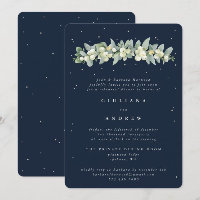 Convites Ensaio de Casamento Dark Navy Snowberry+Eucalipto (Frente/Verso)